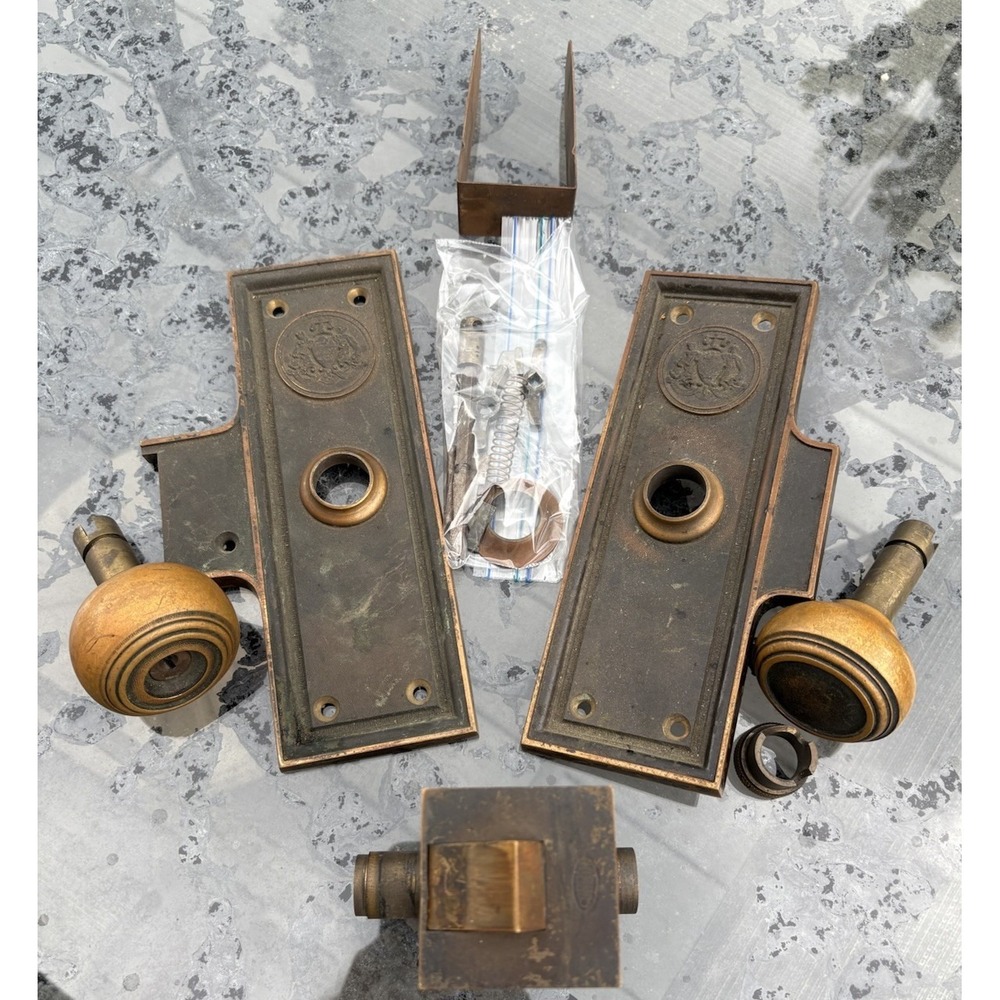 Victorian Antique Brass Door Knobs Corbin Mortice Lock Backplate Set 1890s